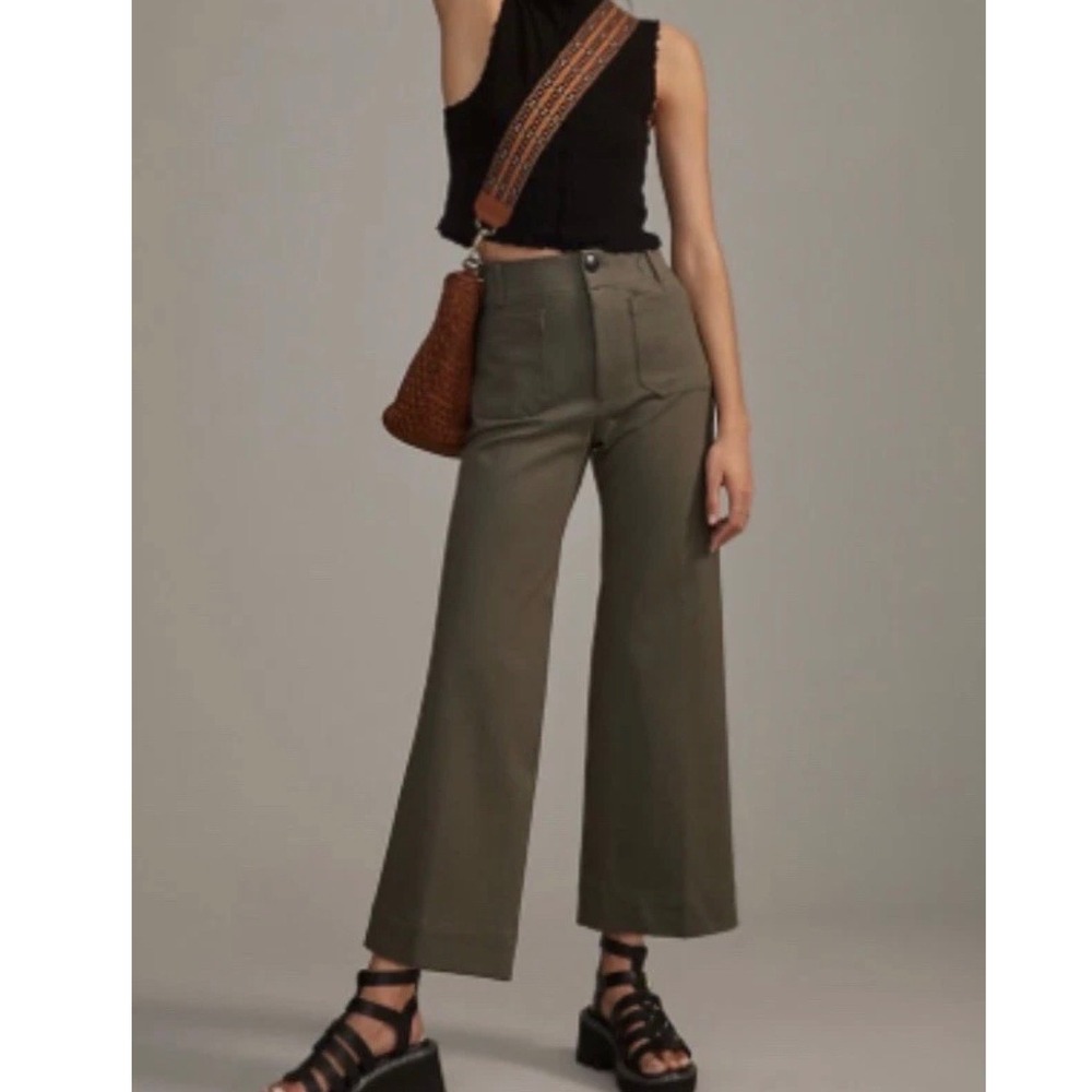 Anthropologie Maeve The Colette Wide Leg Crop Pants Ponte Olive Green - 26